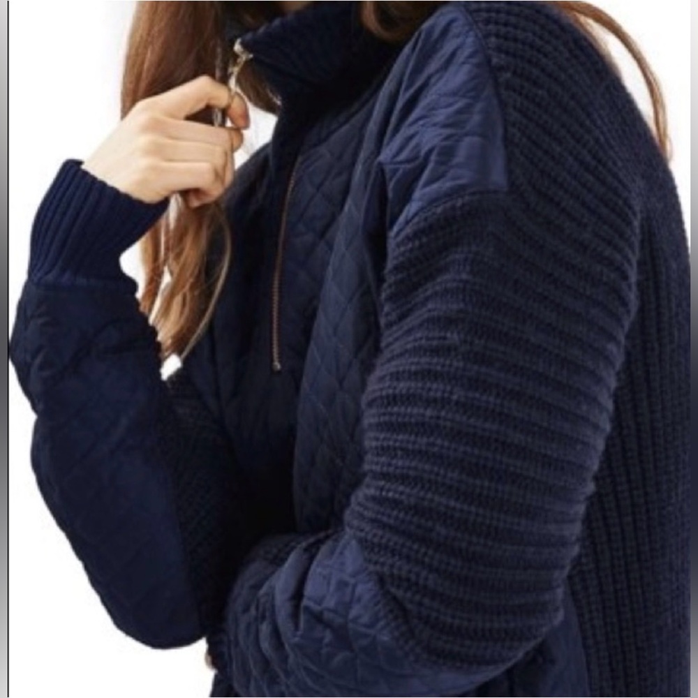 Topshop Women’s Navy Quilted and Knit Quarter Zip Sweater Pullover